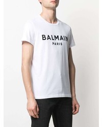 weißes und schwarzes bedrucktes T-Shirt mit einem Rundhalsausschnitt von Balmain