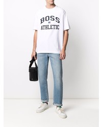 weißes und schwarzes bedrucktes T-Shirt mit einem Rundhalsausschnitt von BOSS HUGO BOSS