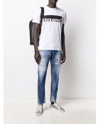 weißes und schwarzes bedrucktes T-Shirt mit einem Rundhalsausschnitt von DSQUARED2