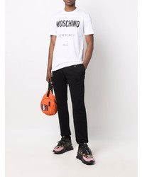 weißes und schwarzes bedrucktes T-Shirt mit einem Rundhalsausschnitt von Moschino