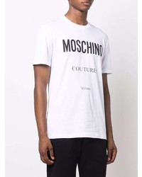 weißes und schwarzes bedrucktes T-Shirt mit einem Rundhalsausschnitt von Moschino