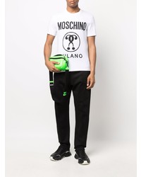 weißes und schwarzes bedrucktes T-Shirt mit einem Rundhalsausschnitt von Moschino