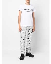 weißes und schwarzes bedrucktes T-Shirt mit einem Rundhalsausschnitt von Balmain