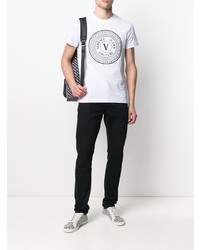 weißes und schwarzes bedrucktes T-Shirt mit einem Rundhalsausschnitt von VERSACE JEANS COUTURE