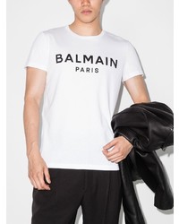 weißes und schwarzes bedrucktes T-Shirt mit einem Rundhalsausschnitt von Balmain