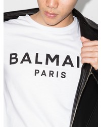 weißes und schwarzes bedrucktes T-Shirt mit einem Rundhalsausschnitt von Balmain