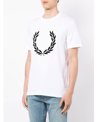 weißes und schwarzes bedrucktes T-Shirt mit einem Rundhalsausschnitt von Fred Perry