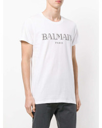 weißes und schwarzes bedrucktes T-Shirt mit einem Rundhalsausschnitt von Balmain