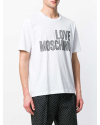 weißes und schwarzes bedrucktes T-Shirt mit einem Rundhalsausschnitt von Love Moschino