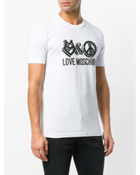 weißes und schwarzes bedrucktes T-Shirt mit einem Rundhalsausschnitt von Love Moschino