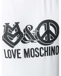 weißes und schwarzes bedrucktes T-Shirt mit einem Rundhalsausschnitt von Love Moschino