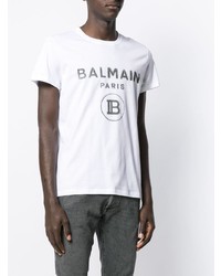 weißes und schwarzes bedrucktes T-Shirt mit einem Rundhalsausschnitt von Balmain