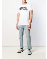 weißes und schwarzes bedrucktes T-Shirt mit einem Rundhalsausschnitt von Diesel