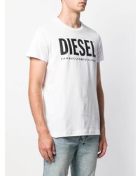 weißes und schwarzes bedrucktes T-Shirt mit einem Rundhalsausschnitt von Diesel