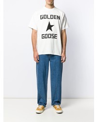 weißes und schwarzes bedrucktes T-Shirt mit einem Rundhalsausschnitt von Golden Goose