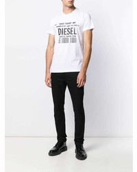 weißes und schwarzes bedrucktes T-Shirt mit einem Rundhalsausschnitt von Diesel