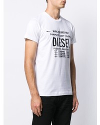 weißes und schwarzes bedrucktes T-Shirt mit einem Rundhalsausschnitt von Diesel