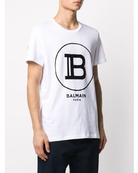 weißes und schwarzes bedrucktes T-Shirt mit einem Rundhalsausschnitt von Balmain