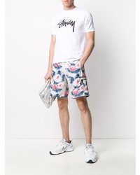 weißes und schwarzes bedrucktes T-Shirt mit einem Rundhalsausschnitt von Stussy