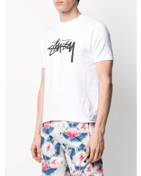 weißes und schwarzes bedrucktes T-Shirt mit einem Rundhalsausschnitt von Stussy