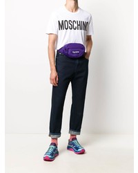 weißes und schwarzes bedrucktes T-Shirt mit einem Rundhalsausschnitt von Moschino