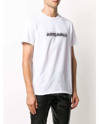 weißes und schwarzes bedrucktes T-Shirt mit einem Rundhalsausschnitt von Just Cavalli