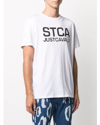 weißes und schwarzes bedrucktes T-Shirt mit einem Rundhalsausschnitt von Just Cavalli