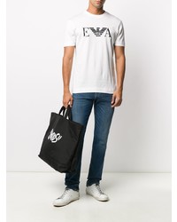 weißes und schwarzes bedrucktes T-Shirt mit einem Rundhalsausschnitt von Emporio Armani