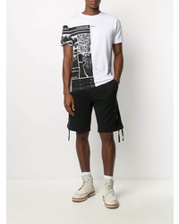 weißes und schwarzes bedrucktes T-Shirt mit einem Rundhalsausschnitt von Stone Island