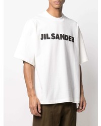 weißes und schwarzes bedrucktes T-Shirt mit einem Rundhalsausschnitt von Jil Sander