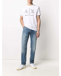 weißes und schwarzes bedrucktes T-Shirt mit einem Rundhalsausschnitt von Armani Exchange