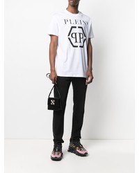 weißes und schwarzes bedrucktes T-Shirt mit einem Rundhalsausschnitt von Philipp Plein