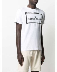 weißes und schwarzes bedrucktes T-Shirt mit einem Rundhalsausschnitt von Stone Island