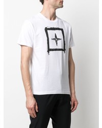 weißes und schwarzes bedrucktes T-Shirt mit einem Rundhalsausschnitt von Stone Island