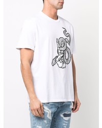 weißes und schwarzes bedrucktes T-Shirt mit einem Rundhalsausschnitt von Just Cavalli