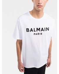 weißes und schwarzes bedrucktes T-Shirt mit einem Rundhalsausschnitt von Balmain