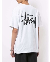 weißes und schwarzes bedrucktes T-Shirt mit einem Rundhalsausschnitt von Stussy