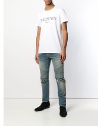 weißes und schwarzes bedrucktes T-Shirt mit einem Rundhalsausschnitt von Balmain