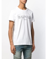 weißes und schwarzes bedrucktes T-Shirt mit einem Rundhalsausschnitt von Balmain