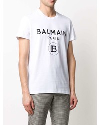 weißes und schwarzes bedrucktes T-Shirt mit einem Rundhalsausschnitt von Balmain