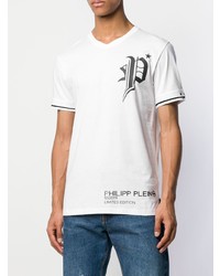 weißes und schwarzes bedrucktes T-Shirt mit einem Rundhalsausschnitt von Philipp Plein