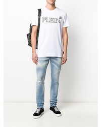 weißes und schwarzes bedrucktes T-Shirt mit einem Rundhalsausschnitt von Philipp Plein