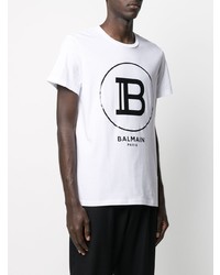 weißes und schwarzes bedrucktes T-Shirt mit einem Rundhalsausschnitt von Balmain