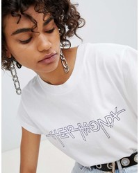 weißes und schwarzes bedrucktes T-Shirt mit einem Rundhalsausschnitt von Cheap Monday