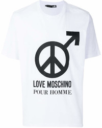 weißes und schwarzes bedrucktes T-Shirt mit einem Rundhalsausschnitt von Love Moschino