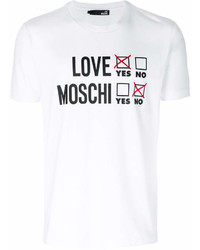 weißes und schwarzes bedrucktes T-Shirt mit einem Rundhalsausschnitt von Love Moschino