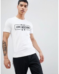 weißes und schwarzes bedrucktes T-Shirt mit einem Rundhalsausschnitt von Love Moschino