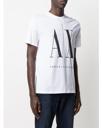 weißes und schwarzes bedrucktes T-Shirt mit einem Rundhalsausschnitt von Armani Exchange