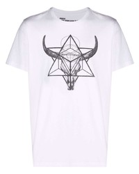 weißes und schwarzes bedrucktes T-Shirt mit einem Rundhalsausschnitt von Maharishi