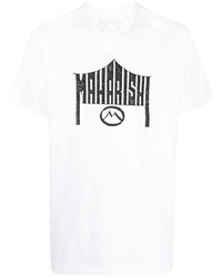 weißes und schwarzes bedrucktes T-Shirt mit einem Rundhalsausschnitt von Maharishi